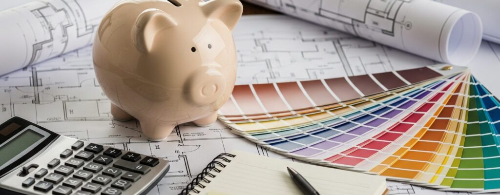 Piggy bank with blueprints, and color samples