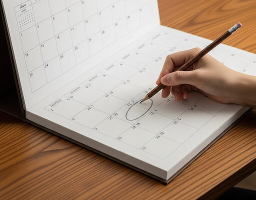 Hand penciling in a date on a calendar